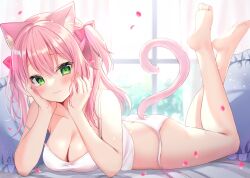 Rule 34 | 1girl, animal ear fluff, animal ears, ass, bare shoulders, bed sheet, blush, breasts, butt crack, camisole, cat ears, cat tail, cleavage, closed mouth, collarbone, commentary request, feet, green eyes, hair ornament, hamico, head rest, indoors, long hair, looking at viewer, lying, medium breasts, on stomach, original, panties, pillow, pink hair, smile, soles, solo, tail, the pose, toes, underwear, underwear only, white camisole, white panties, window
