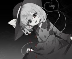 Rule 34 | 1girl, :d, blood, bloody tears, blouse, bow, broken heart, cowboy shot, frilled shirt collar, frilled sleeves, frills, greyscale, hair between eyes, hat, hat bow, head tilt, heart, heart of string, highres, komeiji koishi, long sleeves, looking at viewer, lower teeth only, medium hair, monochrome, open mouth, rcs 4, shirt, skirt, skirt hold, smile, solo, spot color, tears, teeth, third eye, touhou