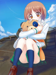 Rule 34 | 1girl, bandages, bandaid, black neckerchief, black socks, blouse, blue sky, boko (girls und panzer), brown eyes, brown footwear, brown hair, cloud, cloudy sky, commentary, day, girls und panzer, green skirt, holding, holding stuffed toy, loafers, long sleeves, looking at viewer, military, military vehicle, miniskirt, motor vehicle, neckerchief, nishizumi miho, on vehicle, ooarai school uniform, open mouth, outdoors, panties, pantyshot, panzer iv, panzer iv, pink panties, pleated skirt, school uniform, serafuku, shirt, shoes, short hair, sitting, skirt, sky, smile, socks, solo, stuffed animal, stuffed toy, tank, underwear, white shirt, yuzukoshow