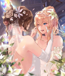Rule 34 | 2girls, alternate costume, alternate hairstyle, backless dress, backless outfit, blonde hair, blue eyes, blurry, blurry foreground, bridal veil, bride, brown hair, choker, church, commentary request, detached sleeves, dress, elbow gloves, flower, genshin impact, gloves, hair between eyes, hair bun, hair flower, hair ornament, hair up, hand on another&#039;s cheek, hand on another&#039;s face, happy, highres, jean (genshin impact), jewelry, lisa (genshin impact), long hair, multiple girls, one eye closed, open mouth, ornate ring, ponytail, ring, see-through, see-through sleeves, single hair bun, stained glass, tears, veil, wedding, wedding dress, wedding ring, white choker, white dress, white gloves, wife and wife, wiping tears, yuri, zorachu3
