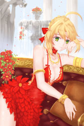 Rule 34 | 10s, 1girl, absurdres, armlet, blonde hair, bracelet, braid, breasts, choker, cleavage, collarbone, couch, covered erect nipples, covered navel, crown braid, day, dress, evanyi, fate/extra, fate (series), flower, fountain, green eyes, hair between eyes, hair bun, hair intakes, hair ribbon, highres, jewelry, looking at viewer, lying, medium breasts, necklace, nero claudius (fate), nero claudius (fate) (all), nero claudius (fate/extra), on side, petals, pillow, pink lips, red choker, red dress, red flower, red ribbon, ribbon, single hair bun, solo, spaghetti strap, statue, thighs, water