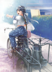 Rule 34 | 1girl, :d, adapted costume, ass, bicycle, blue hair, blue pants, blush, breasts, brown eyes, brown footwear, building, bush, commentary request, day, fog, from behind, hairband, hakama, hakama pants, highres, japanese clothes, kantai collection, kantori, large breasts, loafers, long hair, looking at viewer, looking back, machinery, open mouth, outdoors, outstretched arm, over shoulder, pants, road, school uniform, see-through, serafuku, shirt, shoes, short sleeves, sitting, smile, solo, straddling, street, tagme, tareme, twitter username, ushio (kancolle), white hairband, white shirt