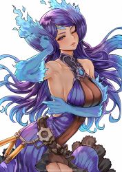 Rule 34 | 1girl, arm up, armpits, artist name, bare shoulders, belt, blue fire, breasts, brighid (xenoblade), center opening, chest jewel, cleavage, covered navel, curvy, dress, elbow gloves, closed eyes, fiery hair, fire, gloves, hair rings, half-closed eyes, highres, large breasts, long hair, looking at viewer, magion02, navel, one eye closed, patreon username, purple eyes, purple gloves, purple hair, see-through, see-through dress, sideboob, simple background, smile, solo, white background, xenoblade chronicles (series), xenoblade chronicles 2