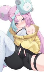 Rule 34 | 1girl, absurdres, aqua hair, bare shoulders, bike shorts, blush, breasts, character hair ornament, creatures (company), game freak, hair ornament, highres, iono (pokemon), jacket, long hair, long sleeves, looking at viewer, mizuongaku, multicolored hair, nail polish, nintendo, nipples, pink eyes, pink hair, pink nails, pokemon, pokemon sv, short shorts, shorts, simple background, single thighhigh, small breasts, solo, spread legs, thighhighs, two-tone hair, yellow jacket