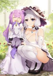 Rule 34 | 2girls, :d, artist name, ass, azur lane, bare shoulders, black footwear, blue eyes, breasts, choker, cleavage, closed eyes, dress, elbow gloves, full body, gem, gloves, gourd, hair bun, hat, high heels, highres, illustrious (azur lane), large breasts, long hair, looking at viewer, low twintails, mole, mole under eye, multiple girls, open mouth, purple hair, sendo (sendrawz), shoes, single hair bun, size difference, smile, squatting, strapless, strapless dress, stuffed animal, stuffed toy, stuffed unicorn, stuffed winged unicorn, thighhighs, twintails, unicorn (azur lane), v, white dress, white gloves, white hair, white legwear