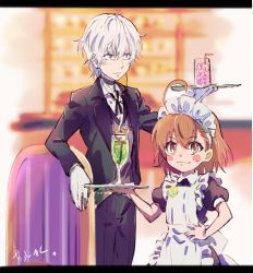 Rule 34 | 1boy, 1girl, :3, accelerator (toaru majutsu no index), ahoge, alternate costume, apron, artist name, asshuku, badge, black choker, black dress, black jacket, black legwear, black neckwear, blush stickers, bob cut, bolo tie, brown eyes, brown hair, butler, button badge, chair, chalice, choker, commentary, cup, dress, dress shirt, enmaided, gekota, gloves, grey vest, hair between eyes, hand on own hip, height difference, highres, holding, holding tray, jacket, last order (toaru majutsu no index), letterboxed, looking ahead, looking at viewer, maid, maid apron, pants, parted lips, puffy short sleeves, puffy sleeves, red eyes, restaurant, shirt, short hair, short sleeves, signature, smile, suit jacket, toaru kagaku no railgun, toaru majutsu no index, toaru majutsu no index gaiden: toaru kagaku no accelerator, tray, vest, white apron, white gloves, white hair, white shirt