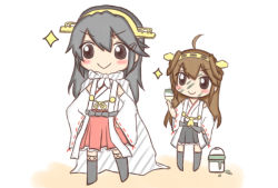 Rule 34 | &gt;:&gt;, &gt;:), 10s, 2girls, :&gt;, ahoge, bad id, bad pixiv id, black hair, black skirt, brown eyes, brown hair, cape, detached sleeves, hair ornament, hairclip, haruna (kancolle), headgear, jako (jakoo21), kantai collection, kongou (kancolle), long hair, long sleeves, multiple girls, nontraditional miko, paint can, paint splatter, paint splatter on face, paintbrush, painting (object), pleated skirt, red skirt, skirt, smile, socks, v-shaped eyebrows