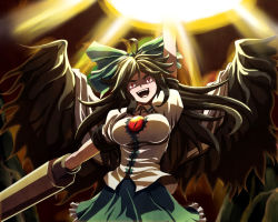 Rule 34 | 1girl, :d, ahoge, arm cannon, arm up, black hair, black wings, bow, breasts, constricted pupils, energy ball, feathered wings, frilled skirt, frills, green skirt, hair bow, large breasts, long hair, open mouth, puffy short sleeves, puffy sleeves, red eyes, reiuji utsuho, rence (mjyoon1452), rens (pixiv), shaded face, shirt, short sleeves, skirt, smile, solo, spread wings, sunburst, taut clothes, taut shirt, third eye, touhou, upper body, weapon, white shirt, wings