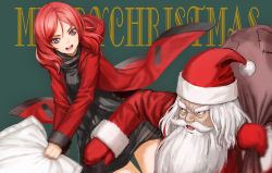 Rule 34 | &gt;:d, 10s, 1boy, 1girl, :d, christmas, grabbing, hat, highres, infukun, love live!, love live! school idol project, merry christmas, mittens, nishikino maki, open mouth, purple eyes, red hair, santa claus, santa hat, short hair, smile, v-shaped eyebrows