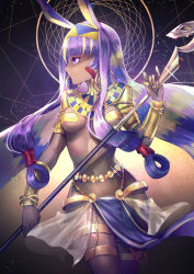 Rule 34 | 1girl, animal ears, armband, blonde hair, bracelet, breasts, dark-skinned female, dark skin, earrings, egyptian clothes, fate/grand order, fate (series), hoop earrings, jackal ears, jewelry, multicolored hair, nitocris (fate), nitocris (third ascension) (fate), pelvic curtain, purple hair, sagta panggang, small breasts, solo, sparkle, staff, two-tone hair
