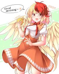Rule 34 | 1girl, :d, aka tawashi, bird, bird tail, bird wings, blonde hair, brown eyes, chick, commentary, english text, eyes visible through hair, feathered wings, highres, looking at viewer, multicolored hair, niwatari kutaka, open mouth, puffy short sleeves, puffy sleeves, red hair, short hair, short sleeves, smile, solo, tail, touhou, two-tone hair, wings