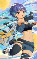Rule 34 | 1girl, 3balkan, blue hair, breasts, brown eyes, chest jewel, fiery hair, glowing lines, hammer, highres, holding, holding hammer, leggings, navel, sena (xenoblade), shoulder strap, small breasts, solo, sports bra, xenoblade chronicles (series), xenoblade chronicles 3