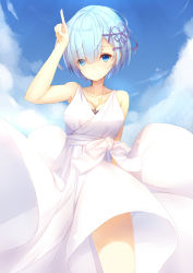 Rule 34 | 10s, 1girl, alternate costume, arm up, armpits, bare shoulders, blue eyes, blue hair, blue sky, breasts, casual, cleavage, closed mouth, cloud, collarbone, cowboy shot, day, dress, eyes visible through hair, hair ornament, hair over one eye, hair ribbon, highres, if (asita), index finger raised, looking at viewer, medium breasts, outdoors, purple ribbon, re:zero kara hajimeru isekai seikatsu, rem (re:zero), ribbon, short hair, sky, sleeveless, sleeveless dress, smile, solo, standing, sundress, tatapopo, thighs, white dress, wind, wind lift, x hair ornament