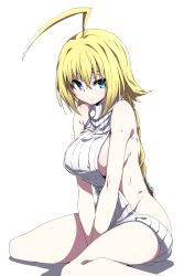 Rule 34 | 1girl, :o, ahoge, backless dress, backless outfit, bare arms, bare legs, bare shoulders, between legs, blazblue, blonde hair, blue eyes, braid, breasts, dress, es (xblaze), hair between eyes, halterneck, hand between legs, huge ahoge, kaname nagi, large breasts, looking at viewer, meme attire, naked sweater, parted lips, ribbed sweater, sideboob, simple background, single braid, sitting, solo, sweater, sweater dress, v arms, virgin killer sweater, wariza, white background, white sweater, xblaze, xblaze code: embryo