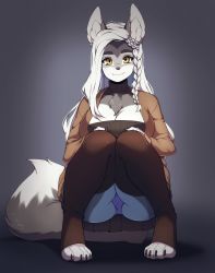 Rule 34 | animal ears, braid, breasts, brown eyes, brown sweater, brown thighhighs, cameltoe, cleavage, colored skin, commission, furry, furry female, gradient background, grey background, grey skin, highres, large breasts, long hair, long sleeves, original, smile, solo, squatting, suelix, sweater, tail, thighhighs, toeless legwear, wolf ears, wolf tail