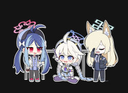 3girls animal_ear_fluff animal_ears antenna_hair black_background black_pantyhose blonde_hair blue_archive blue_eyes blue_halo blue_necktie blue_skirt blush braid closed_eyes cuffs dog_ears dog_girl doughnut extra_ears facepalm food fubuki_(blue_archive) full_body grey_hair hair_between_eyes hair_over_one_eye halo handcuffs hat holding holding_doughnut holding_food jacket kanna_(blue_archive) kirino_(blue_archive) long_hair long_sleeves luceee multicolored_halo multiple_girls necktie notched_ear open_clothes open_mouth pantyhose pink_halo police police_badge police_hat police_uniform policewoman purple_armband purple_halo purple_necktie red_eyes sharp_teeth simple_background skirt standing teeth two-tone_halo upper_teeth_only white_jacket