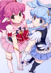 Rule 34 | 10s, 2girls, aino megumi, black legwear, blue dress, blue eyes, blue hair, blue skirt, boots, bow, bowtie, brooch, cure lovely, cure princess, dress, earrings, frills, gloves, happinesscharge precure!, heart, heart brooch, hirose (mokiki), holding hands, jewelry, long hair, magical girl, multiple girls, pink bow, pink dress, pink eyes, pink hair, pink skirt, precure, shirayuki hime, shoes, skirt, smile, thigh boots, thighhighs, white background, white legwear, wide ponytail