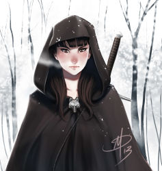 Rule 34 | 1girl, a song of ice and fire, arya stark, brooch, brown eyes, brown hair, cape, forest, hood, jewelry, lips, long hair, nature, nose, original, over shoulder, polarityplus, signature, snow, solo, sword, sword over shoulder, weapon, weapon over shoulder, winter
