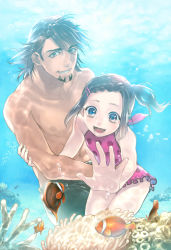 Rule 34 | 10s, 1boy, 1girl, age difference, bad id, bad pixiv id, black male swimwear, black swim trunks, braid, braided bangs, brown eyes, brown hair, casual one-piece swimsuit, caustics, clownfish, facial hair, father and daughter, fish, freediving, frilled one-piece swimsuit, frills, hair ornament, hairclip, kaburagi kaede, kaburagi t. kotetsu, male swimwear, mochizuki anko, one-piece swimsuit, polka dot, polka dot swimsuit, print one-piece swimsuit, print swimsuit, purple one-piece swimsuit, short hair, side ponytail, stubble, swim trunks, swimming, swimsuit, tiger &amp; bunny, trunks, underwater