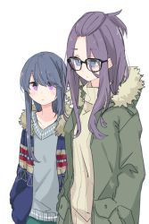 Rule 34 | 2girls, blue eyes, blue hair, closed mouth, commentary request, cowboy shot, glasses, hands in pockets, jacket, kagamihara sakura, long hair, looking down, multiple girls, purple eyes, purple hair, shima rin, shiroshi (denpa eshidan), side-by-side, simple background, standing, white background, yurucamp