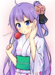 Rule 34 | 1girl, :o, absurdres, ahoge, azur lane, bad id, bad pixiv id, black ribbon, blue eyes, blush, candy apple, commentary, floral print, flower, food, hair bun, hair flower, hair ornament, hair ribbon, hands up, highres, holding, holding food, japanese clothes, kimono, long hair, long sleeves, md5 mismatch, one side up, oni, parted lips, pink flower, pink rose, print kimono, purple hair, purple kimono, resolution mismatch, ribbon, rose, sasatabekung, side bun, single hair bun, single side bun, solo, twitter username, unicorn (azur lane), very long hair, wide sleeves, yellow flower