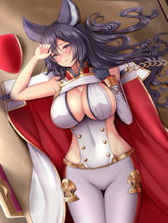 Rule 34 | 1girl, animal ears, bare shoulders, black hair, blush, breasts, cameltoe, cape, cleavage, unworn cloak, collarbone, covered erect nipples, covered navel, erune, gloves, granblue fantasy, groin, hair between eyes, hands up, highres, ilsa (granblue fantasy), large breasts, long hair, looking at viewer, lying, melopun, on back, pants, red eyes, solo, very long hair