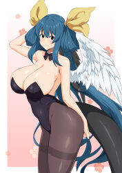 Rule 34 | 1girl, angel wings, arm above head, arm up, asymmetrical wings, bare shoulders, black bow, black bowtie, black leotard, blue hair, blush, border, bow, bowtie, breasts, chinese zodiac, cleavage, collar, collarbone, covered navel, detached collar, dizzy (guilty gear), fuuma (bangolga1), guilty gear, hair between eyes, hair ribbon, hair rings, happy new year, highres, huge breasts, large breasts, leotard, long hair, looking at viewer, mature female, monster girl, new year, pink background, playboy bunny, red eyes, ribbon, sideboob, sidelocks, smile, solo, tail, twintails, white border, wings, year of the rabbit