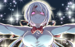 Rule 34 | 1girl, blurry, blurry background, bow, bowtie, breasts, cardigan, closed mouth, depth of field, glowing, glowing eyes, hair ribbon, highres, konboi-eg, large breasts, looking at viewer, nijisanji, outstretched arms, pink eyes, ponytail, red bow, red bowtie, red ribbon, ribbon, shiina yuika, shiina yuika (1st costume), shirt, smile, solo, spread arms, upper body, virtual youtuber, white hair, white shirt