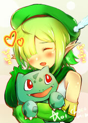 Rule 34 | 1girl, aoi (princess connect!), blush, bright pupils, bulbasaur, chokomin, claws, closed eyes, color connection, creatures (company), crossover, elbow gloves, fangs, game freak, gen 1 pokemon, gloves, green gloves, green hair, green headwear, green scarf, grey background, hair over one eye, hat feather, heart, highres, holding, holding pokemon, nintendo, nostrils, open mouth, pointy ears, pokemon, pokemon (creature), princess connect!, red eyes, scarf, shirt, short hair, upper body, white pupils, white shirt