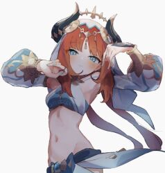 Rule 34 | 1girl, blue eyes, blue gemstone, blue nails, breasts, bridal gauntlets, closed mouth, crop top, detached sleeves, epi zero, fake horns, gem, genshin impact, gold trim, harem outfit, horns, light blush, looking at viewer, low twintails, navel, nilou (genshin impact), red hair, simple background, small breasts, smile, solo, twintails, upper body, white background, white veil