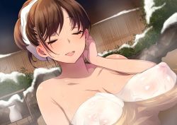 Rule 34 | 1girl, blush, breasts, brown hair, cleavage, covered erect nipples, closed eyes, female focus, floating breasts, inari (inariya), large breasts, naked towel, nipples, onsen, open mouth, original, puffy nipples, see-through, smile, snow, solo, teeth, towel, wet