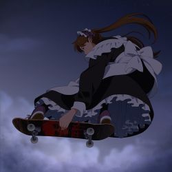 Rule 34 | 1girl, black legwear, black sleeves, brown hair, cloud, commentary request, dress, evening, frilled dress, frills, from below, full body, grabbing, long hair, long sleeves, maid, maid headdress, original, scratched, scratches, shoe soles, shoes, skateboard, sneakers, suzushiro (suzushiro333), tagme, twintails, zero skateboards