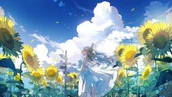 Rule 34 | 1girl, absurdres, aiha-deko, arm up, bare arms, blue sky, cloud, commentary request, cumulonimbus cloud, day, dress, field, flower, flower field, grey eyes, grey hair, hat, highres, long hair, looking at viewer, looking back, original, outdoors, petals, sign, signature, sky, sleeveless, sleeveless dress, smile, solo, standing, straw hat, summer, sun hat, sunflower, sunflower field, white dress