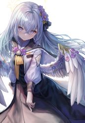Rule 34 | 1girl, azusa (blue archive), blue archive, blush, commentary request, flower, hair between eyes, hair flower, hair ornament, halo, highres, long hair, looking at viewer, purple eyes, school uniform, silver hair, simple background, smile, solo, takashima shoa, white background, wings