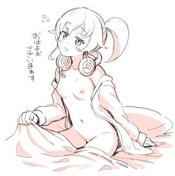 Rule 34 | 1girl, :d, aikatsu! (series), aikatsu friends!, blanket, bottomless, breasts, collarbone, headphones, headphones around neck, coco (aikatsu friends!), monochrome, naked shirt, nipples, no bra, open clothes, open mouth, open shirt, pillow, shirt, side ponytail, sketch, small breasts, smile, solo, translated, under covers, waking up, yoban