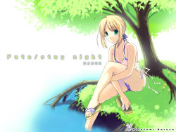 Rule 34 | 00s, 1girl, ahoge, artoria pendragon (fate), blonde hair, english text, fate/stay night, fate (series), feet, grass, green eyes, highres, hugging own legs, naruse hirofumi, outdoors, saber (fate), sandals, shoes, single shoe, sitting, soaking feet, solo, swimsuit, swimsuit under clothes, tree, under tree, wallpaper, water