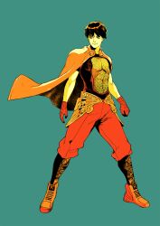 Rule 34 | 1boy, aqua background, black hair, cape, full body, gloves, highres, limited palette, male focus, navel, orange cape, orange footwear, pants, pectorals, red gloves, red pants, see-through, see-through shirt, shoes, short hair, sie kensou, simple background, snk, solo, standing, suyinliao, the king of fighters