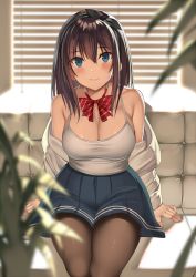 Rule 34 | 1girl, arms at sides, backlighting, bare shoulders, blue eyes, blue skirt, blurry, bow, bowtie, breasts, brown hair, brown pantyhose, camisole, cleavage, closed mouth, collarbone, couch, depth of field, grey shirt, hair between eyes, hair ribbon, kureha (ironika), large breasts, long hair, looking at viewer, miniskirt, off shoulder, on couch, original, pantyhose, plant, pleated shirt, red bow, red bowtie, ribbon, shirt, shirt tucked in, sitting, skirt, smile, solo, spaghetti strap, striped bow, striped bowtie, striped clothes, striped neckwear, tsubasa (kureha), window blinds
