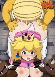 Rule 34 | 1girl, 3boys, :d, artist name, ass, ass grab, bar censor, bestiality, black eyes, blonde hair, blue eyes, blush, breasts, brick floor, brooch, brown footwear, censored, colored skin, creature, crown, deep skin, doggystyle, double handjob, dress, earrings, elbow gloves, emphasis lines, erection, eyelashes, fangs, furrowed brow, gloves, goomba, group sex, hameneko, handjob, head out of frame, highres, indoors, interspecies, jewelry, koopa troopa, large breasts, large penis, lips, looking at another, looking at penis, mario (series), medium hair, motion lines, multiple boys, nintendo, nipples, open mouth, penis, pink dress, pink lips, princess, princess peach, puffy sleeves, saliva, sex, sex from behind, shadow, shell, smile, solid eyes, super mario bros. 1, sweat, tearing up, teeth, thighhighs, thighs, torn clothes, torn dress, translation request, upper teeth only, white gloves, white thighhighs, yellow skin
