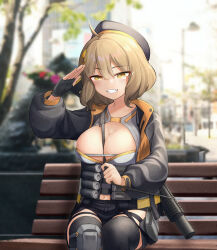 1girl :d ahoge anis_(nikke) bench beret between_breasts black_gloves black_jacket black_shorts black_thighhighs blurry blurry_background bob_cut breasts brown_hair cleavage cleavage_cutout clothing_cutout gloves goddess_of_victory:_nikke grenade_launcher grin hair_ornament hat highres jacket knee_pads large_breasts looking_at_viewer open_mouth outdoors park salute shie-ne short_hair shorts single_glove single_knee_pad sitting smile solo teeth thighhighs tree weapon yellow_eyes