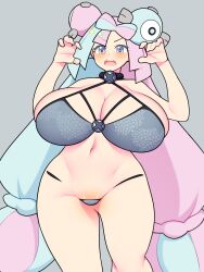 Rule 34 | 1girl, bellupup, blue hair, bra, breasts, creatures (company), female focus, game freak, gen 1 pokemon, grey bra, grey pants, highres, huge breasts, iono (pokemon), looking at viewer, magnemite, navel, nintendo, open mouth, pants, pink eyes, pink hair, pokemon, pokemon sv, sharp teeth, solo, teeth, thick thighs, thighs, underwear, wide hips