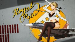 Rule 34 | 1girl, ace combat, ace combat 7: skies unknown, air supreriority fighter, aircraft, airplane, black bra, black panties, black thighhighs, blonde hair, blue eyes, bra, braid, breasts, cleavage, commentary, crossed legs, crown braid, english text, fighter aircraft, highres, interdictor, kowaremashita, long sleeves, missile, multirole combat aircraft, no pants, panties, rosa cossette d&#039;elise, su-30, thighhighs, thighs, underwear