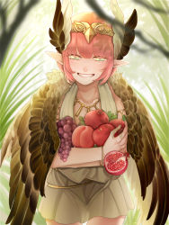 Rule 34 | 1girl, circe (fate), circlet, cowboy shot, fate/grand order, fate (series), feathers, food, fruit, grapes, green eyes, highres, leaning forward, looking at viewer, peach, pink hair, pointy ears, pomegranate, short hair, smile, solo, urara (sia8artchu), wings