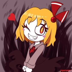 Rule 34 | artist name, black dress, blonde hair, blush stickers, dress, fangs, hair ribbon, heart, highres, long sleeves, multicolored background, one eye closed, pale skin, quarium, ribbon, rumia, smile, solo, touhou