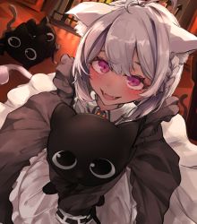 1girl absurdres animal animal_ear_fluff animal_ears apron black_cat black_dress blush braid cat cat_ears cat_girl cat_tail dress fangs frilled_apron frills highres holding holding_animal holding_cat long_sleeves looking_at_viewer maid maid_apron matsukai_mao matsukai_mao_(2nd_costume) nijisanji open_mouth purple_eyes short_hair silver_hair sleeves_past_fingers sleeves_past_wrists smile solo tail virtual_youtuber white_apron yukirei