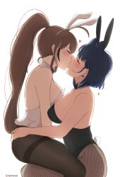 Rule 34 | 2girls, ahoge, animal ears, anyacchi, artist name, bare arms, bare shoulders, black bow, black bowtie, black hair, black leotard, black pantyhose, blue hair, blush, bow, bow earrings, bowtie, breasts, brown eyes, brown hair, closed eyes, detached collar, earrings, fake animal ears, fake tail, fishnet pantyhose, fishnets, from side, hair intakes, heart, high ponytail, highres, hololive, hololive english, jewelry, kiss, large breasts, leotard, long hair, multicolored hair, multiple girls, nanashi mumei, ouro kronii, paid reward available, pantyhose, patreon logo, playboy bunny, profile, rabbit ears, rabbit tail, simple background, sitting, sitting on lap, sitting on person, strapless, strapless leotard, streaked hair, tail, thighband pantyhose, virtual youtuber, white background, white leotard, yuri