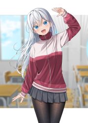Rule 34 | 1girl, :d, arm up, black pantyhose, blue eyes, blue sky, blurry, blurry background, blush, chair, cloud, commentary request, curtains, day, depth of field, desk, fang, grey hair, grey skirt, gurande (g-size), hair between eyes, head tilt, highres, jacket, long hair, looking at viewer, open mouth, original, pantyhose, pleated skirt, red jacket, school chair, school desk, skirt, sky, smile, solo, track jacket, very long hair, window