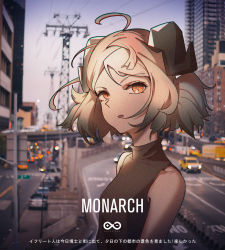 Rule 34 | 1girl, ahoge, arknights, artist name, bare shoulders, black shirt, blonde hair, blurry, blurry background, car, city, commentary, highres, horns, ifrit (arknights), looking at viewer, monarch (ricardoxx), motor vehicle, orange eyes, outdoors, parted lips, power lines, rhine lab logo, road, shirt, short hair, sleeveless, sleeveless shirt, solo, translation request, upper body