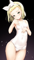 Rule 34 | 10s, 1girl, absurdres, bare arms, black background, blonde hair, covered navel, cowboy shot, covered erect nipples, gluteal fold, green eyes, hair ribbon, highres, kantai collection, looking at viewer, luigi torelli (kancolle), one-piece swimsuit, ribbon, school swimsuit, short hair, shuffle (songdatiankong), simple background, solo, swimsuit, wet, white ribbon, white school swimsuit, white one-piece swimsuit
