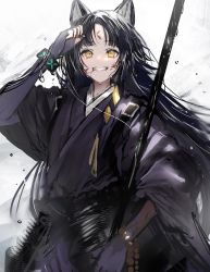 Rule 34 | 1girl, animal ears, arknights, backlighting, black hair, brush stroke, dog ears, dog tail, elbow gloves, fangs, fingerless gloves, gawako, gloves, hand on own forehead, highres, holding, holding polearm, holding weapon, infection monitor (arknights), japanese clothes, kimono, layered sleeves, long hair, looking at viewer, motion lines, polearm, saga (arknights), simple background, smile, solo, sweatdrop, tail, teeth, weapon, white background, yellow eyes